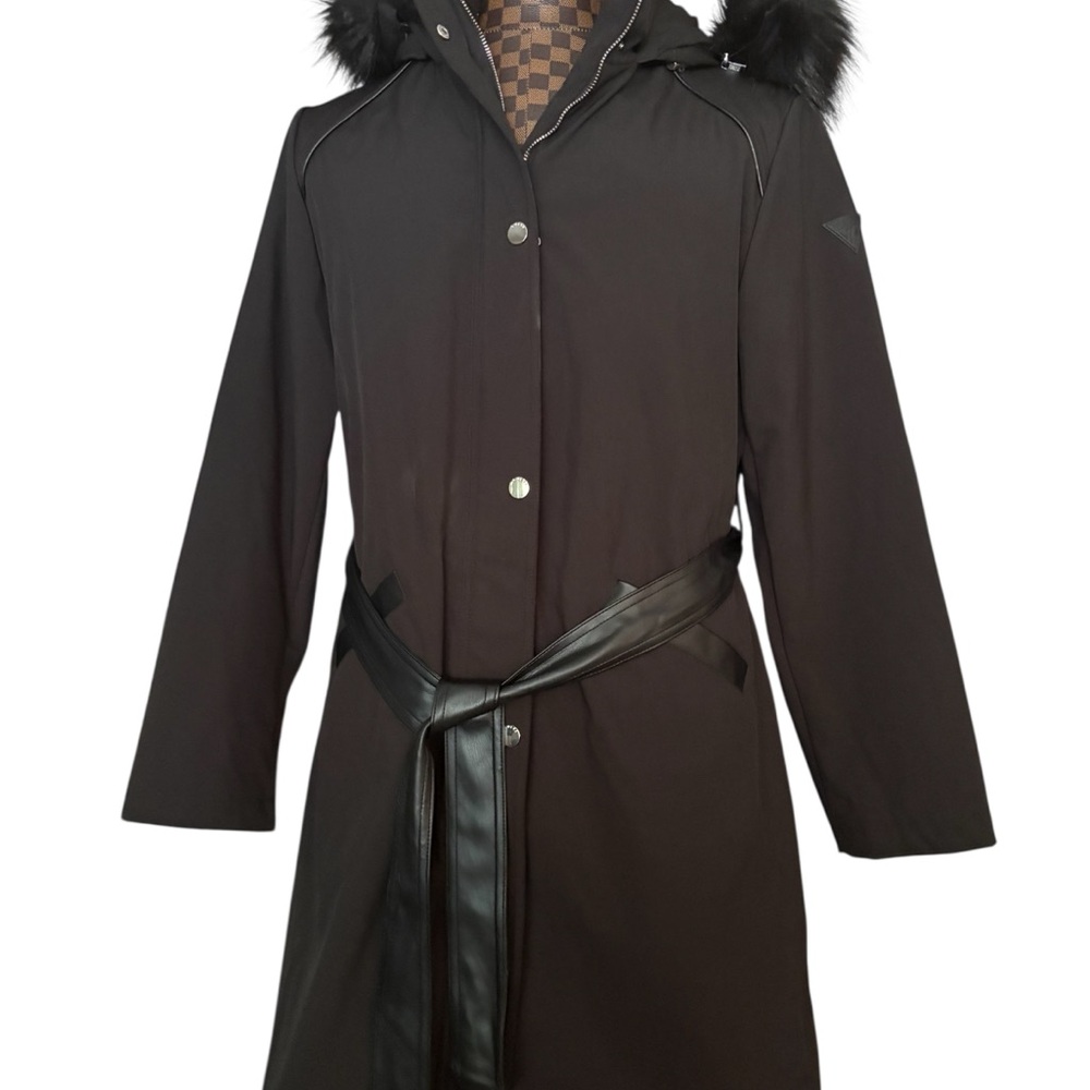 Guess Black Trench Coat with Faux Fur Hood